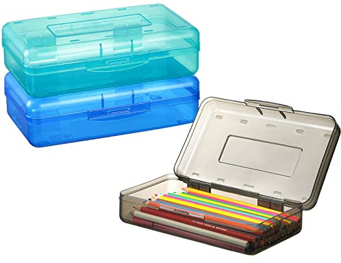Sooez 3 Pack Pencil Case, Large Hard Pencil Box Bulk, Clear Crayon Box Marker Pen Organizer, Plastic Storage Container with Snap Lid, Stackable Art Craft Organizer Back to School Supplies