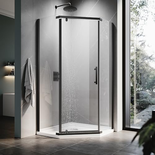 ELEGANT Neo-Angle Frameless Shower Door 36.5 in. W x 72 in. H, Corner Shower Enclosure with 1/4 Clear Glass, Pivot Shower Doors in Black Finish, Shower Base Not Included