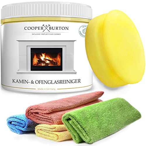 Kit économique nettoyant pour vitres de cheminée et vitre de poêle 0,5 kg + 4 chiffons en microfibre 40 x 38 cm + éponge | Nettoyant pour vitres de cheminée et suie | Nettoyant pour vitres de cheminée