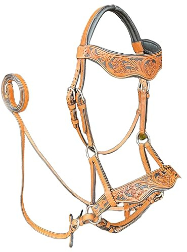 AMAZING HORSE STUFF Genuine Leather 2 Tone Sidepull Bitless Bridle | Wavy Browband & Noseband | Stainless Steel Hardware | Cow Soft Leather Padding | Antique Bridle| (Cob, Natural Base)