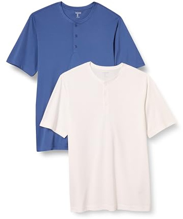 Amazon Essentials T-shirt Henley à Manches Courtes en Jersey À Séchage Rapide, coupe Classique Homme, Lot de 2, Blanc/Bleu, L
