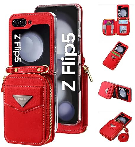 ESONG Cover a Portafoglio per Samsung Galaxy Z Flip 5 con Cinturino,Custodia Antiurto Protezione con Slot per Schede/Cordino/Stand,Caso in Pelle Premium PU Protettiva Case per Donna-Rosso