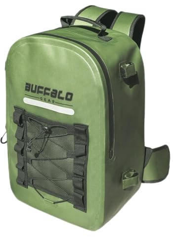 Buffalo Gear Wasserdichter Angelrucksack mit Rutenhalter,26L Fliegenfischen Rucksack,Angelausrüstung Lagerung Rucksack zum Angeln