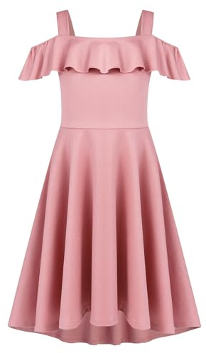 Arshiner Children's Dress Off Shoulder Summerdress Girls A-Line Swingdress Plain High-Low-Dress Skatersress with Pocket Pink130/8-9 Years