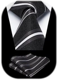 HISDERN Schwarz Herren Krawatte Formell Streifen Krawatte mit Einstecktuch Set Hochzeit Krawatten and Taschentuch