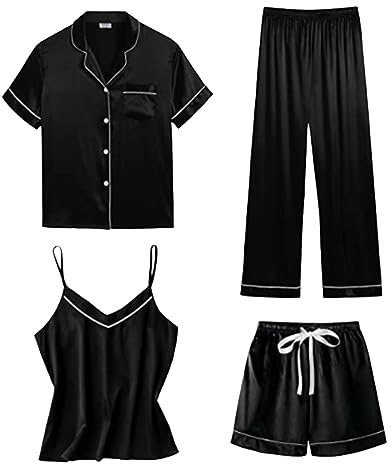 Satin Schlafanzug Damen Lang 4-teiliges Pyjama Sets Cami Top and Shorts Set Nachtwäsche Frauen Seidenpyjama