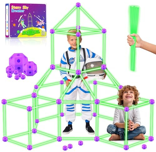 BERYLED 100 Pcs Kit construccion - Regalo Niños de 3 a 13 años, Brilla en la Oscuridad, Fuerte Castillos Tuneles Creativos, Tienda De Juegos y De Campaña Interiores y Exteriores, Fortaleza Bricolaje