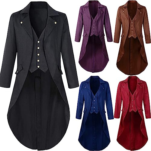 BVEBJDX Adult Medieval Steampunk Tailcoat UK Sale Clearance Men's Vintage Victorian Jackets Gothic Halloween Costumes Renaissance Long Trench Coats Lapel Collar Button Elegant Tuxedo Retro Tail Coat