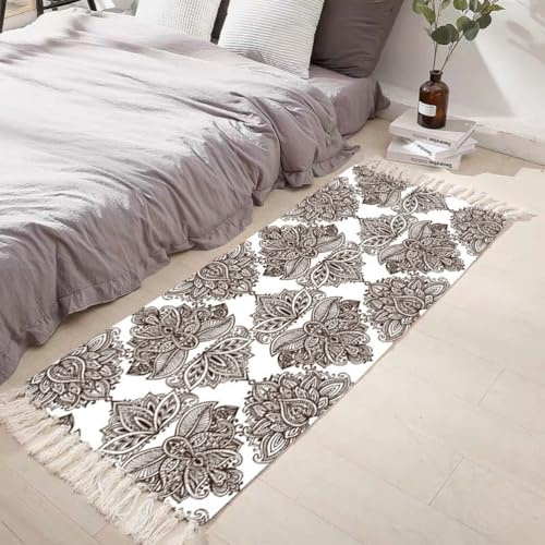 Tomifine Tappeto con nappe, bohémien, lavabile, tessuto, stampato, Tappeti per soggiorno, camera da letto, porta d'ingresso (50x80 cm,Marrone Bianco)