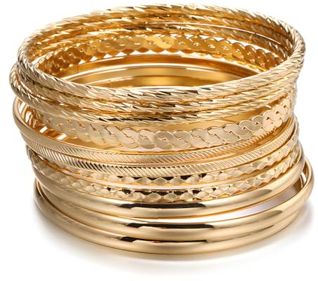 WHENZOO 12 Pcs Boho Bangles for Women, Lightweight Metal Bangle Bracelet Set, Stackable Trendy Layered Bangles, Multipack Indian Vintage Ladies Hand Jewellery for Women Girls Jewelry Gifts (Gold)
