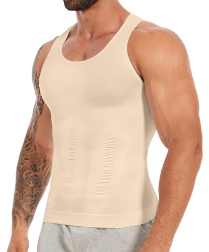 SLIMBELLE Compression Vest Men Elastic Slimming Waist Trainer Tummy Control Base Layer Undershirts Compression top Shapewear Body Shaper for Men Nude