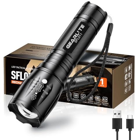 GEARLITE Torch Rechargeable, 2000LM Zoomable Rechargeable Torch with 3 Modes, Long-Lasting IP65 Waterproof Torches LED Super Bright for Camping, Hiking, Emergencies - Gifts for Men Dad Him