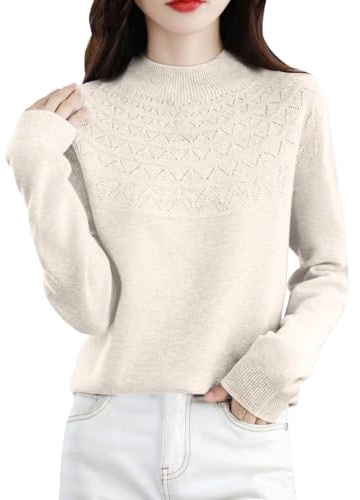 Suéter de cachemira para mujer, cuello semi polo, suéter de forro polar cálido para invierno, suéteres ajustados de manga larga, cómodos, ropa interior térmica, suéteres de capa base, beige, XX-Large