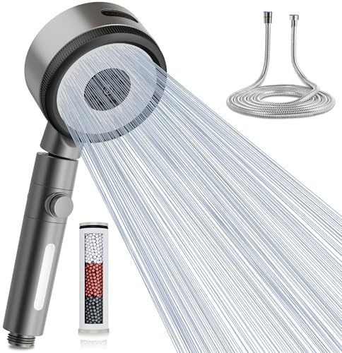 Magichome 6 Modes Hard Water Filter Shower Head with 1.5m Hose, Not Compatible with Electric Showers, 360° Swivel Head & On/Off Pause Button, Removes Chlorine & Impurities for Skin & Hair Care