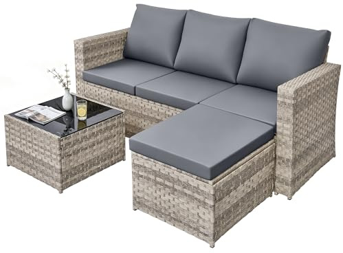 rattanstar 4 Seater Rattan Garden Furniture Set, Outdoor High-Back Sofa Set | All-Weather Patio Furniture Set with Ottoman, Coffee Table and Washable Cushions for Terrace, Balcony