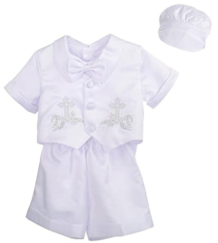 Lito Angels Vetement Bapteme Garcon Bebe, Ensemble de Costume Blanc 4 Pieces (Chemise, Gilet, Pantalon et Bonnet en Satin), Manche Courte, Taille 12 Mois, A