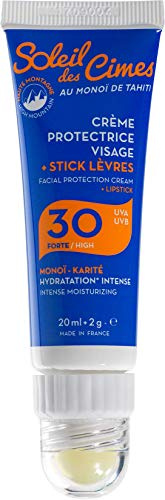 SOLEIL DES CIMES | Combi Crème Solaire Protectrice Visage + Stick Lèvre SPF30 - Ski, Sports d'Hiver et Montagne - Monoï de Tahiti et Karité - Protection et forte Hydratation