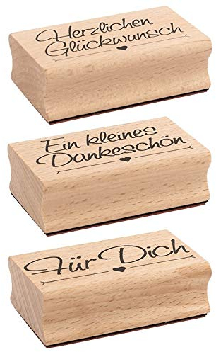 Ideen mit Herz Stempel-Set | 3 Holzstempel mit Sprüchen | je 6,5cm x 4cm x 2,2cm | ideal für Hochzeit, Glückwünsche, Einladungen (Herzlichen Glückwunsch | Ein kleines Dankeschön | Für Dich)