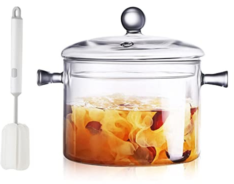 AEFPOYMXU Clear Glass Simmer Pot for Stove Potpourri Cooking Saucepan with Cover Cookware Set Heat-Resistant Stovetop Pot And Pan with Lid, Soup, Milk, Baby Food,Fruit and Spices 1.5L/ 50 FL OZ