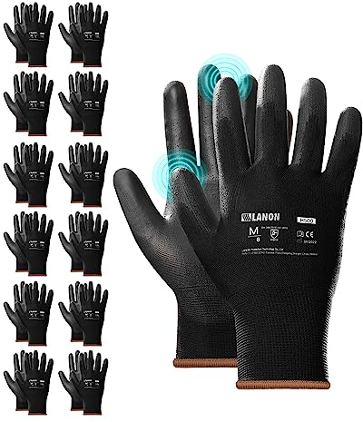LANON 12 Paires Gants de Travail, Gants de Mécanique pour Hommes, Enduits de PU, Gant Tricoté sans Couture, EN 388, Noir, L/9