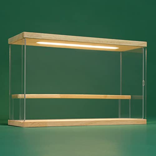 Nonemey Vitrina Expositora Transparente con Luz Led,2/3/4/5/6 Niveles Cajas de Metacrilato de Almacenaje,Antipolvo Caja Organizadora,Vitrina Acrílica para Colecciones (Madera, 2Tier-30*11.5*20 cm)