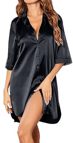 JFAN Chemises de Nuit Femme Satin Nuisette Court Col V Manches 3/4 Boutonnée Devant Pyjama Lâche Solide Chemise de Robe Vêtements de Nuit Noir X-Large