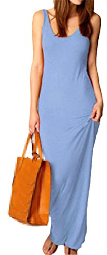 Vestido largo sin mangas de alta elasticidad para mujer con cuello en O, vestido bodycon largo, vestidos maxi sólidos y ajustados para mujer, azul claro, XL