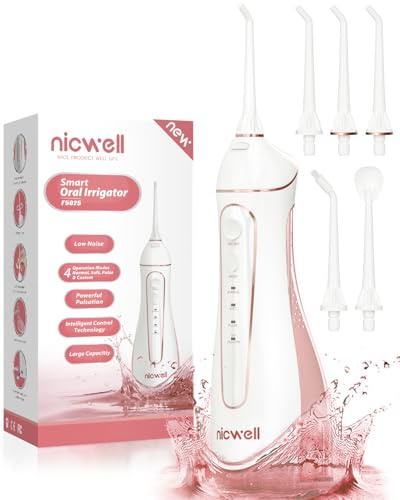 Nicwell - Irrigatore dentale senza fili per denti, 4 modalità, portatile e ricaricabile, IPX7, impermeabile, potente durata della batteria, per la pulizia dei denti, per casa e viaggio