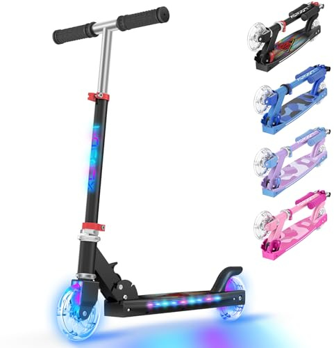 TONBUX Scooters for Kids 5-12, Kids Scooter with Cool Light Up Stem, Wheels, and Deck, 4 Level Adjustable Height Kick Scooter, Foldable and Lightweight Scooter for Kid 8-12, Black