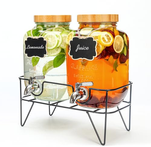 Getränkespender aus Glas 4 Liter mit Wasserhahn, 2er-Pack Wasserspender mit Ständer, Limonaden-Getränkespender für Eistee, Eisgetränke, Kombucha-Spender Geeignet für Partys, Hochzeiten