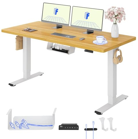 FLEXISPOT Escritorio Elevable Eléctrico E1 Pro Set 160x80, Doble Motor, Tablero Completo, Panel con Memoria, Regulable en Altura, Soporta 100 kg, Blanco+Arce
