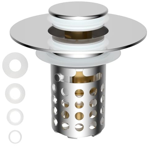 Universal Bathroom Sink Drain Strainer Hair Catcher Upgraded with Removable Stainless Steel Filter Basket, 3 in 1 Pop Up Sink Stopper for 1.1''~2.36'' Sink Basin Hole, Chrome