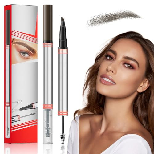 2In1 Augenbrauenstift mit Gel, 2025 Neu Microblading Augenbrauenstift, 2-in-1 Brow Pen and Sealing Brow Gel Wasserfester Magischer Eyebrow Pencil mit 4 Gabelspitzen (02#Dunkelbraun)