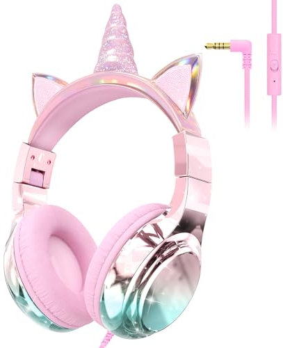 JYPS Auriculares Niños, Metálico Cascos Niña, Shareport, 85/94dBA Volumen Limitado, con Jack de 3,5 mm, Auriculares Infantiles con Cable Plegables para Tableta/Kindle Fire