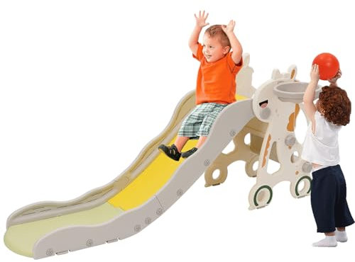 Toboggan pour Enfants,en Forme de Poney,avec Panier de Basket, Structure d'escalade et Ballon,Toboggan Intérieur et Extérieur pour Les Enfants de 12, 3 et 4 Ans(155cm*68cm*30cm)