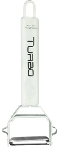 TURBO PRODUKTE Pelador Universal de Acero Inoxidable para Frutas y Verduras, Pelador Delantero y Trasero con Cuchilla Péndulo para Zurdos y Diestros - Función 3 en 1 (Blanco Mate, 1 Pieza)