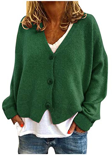 Chaqueta Mujer Cardigan Moda Mujeres Sólido Cuello V Botones Casual Elástico Suéter de Punto Cárdigan Abrigo