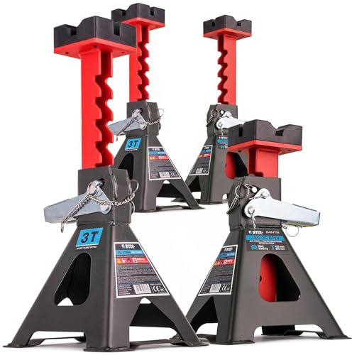 4 cavalletti di sostegno 3T con perno di sicurezza, 4 supporti per cric – altezza regolabile 275 – 430 mm – con cuscinetto in gomma e doppio blocco per auto e auto