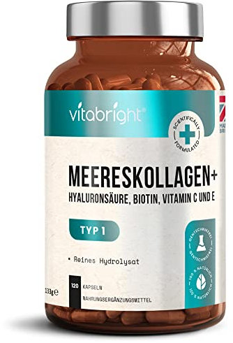 Collagène Marin et Acide Hyaluronique 2450 mg | Peptide de Collagene Marin Gelules + Vitamine C, E, B2, Zinc | Complément Alimentaire Peau, Cheveux, Articulations | VitaBright Collagene Hydrolysé