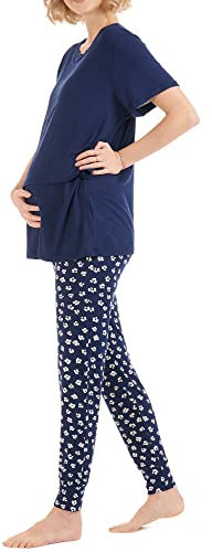 Herzmutter Stillpyjama-Umstandspyjama - Schlafanzug für Damen mit Muster - Schwangerschaft-Stillfunktion - Kurzarm - 2950 (XXL, Blau/Blumen)