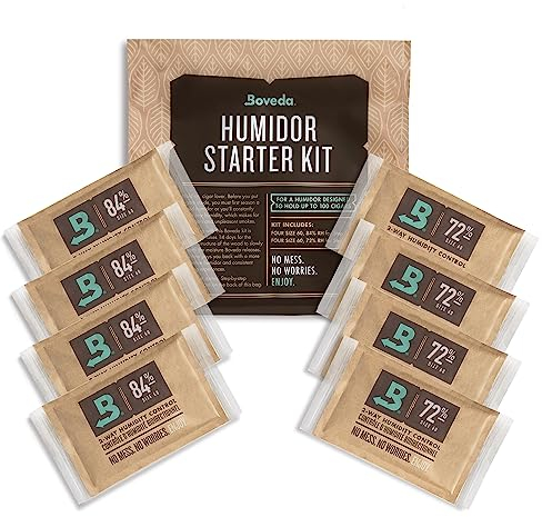 Boveda Humidor-Starter-Set für Zigarren, 100 Stück: Season a Wood Zigarren Humidor Plus erhält Luftfeuchtigkeit mit 2-Wege-Feuchtigkeitskontrolle, inklusive (4) je Größe 60, Boveda 84% RH und 72% RH