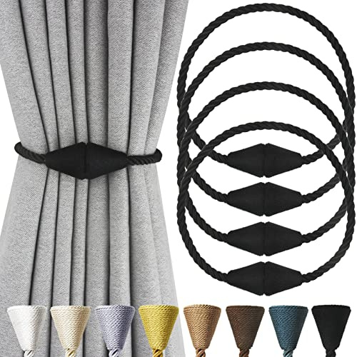 Nieffeiy 4 Pack Magnetic Curtain Tiebacks Rope Modern Handmade Curtain Tie Backs Decorative Drapes Weave Holdbacks for Window Décor, Black