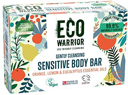 Eco Warrior Sensitive Body Soap Bar | Vegan, Cruelty Free, Natural, eco friendly | No SLS or Parbens | Gently Cleansing With Green Clay & Orange, Lemon, Eucalyptus Essential Oils | Body Bar Soap, 100g