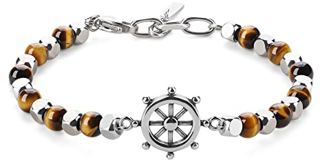 GAVU Bracciale Timone da Uomo con Perline di Pietra Occhio di Tigre Naturale e Pepite Quadrate di Acciaio Inossidabile