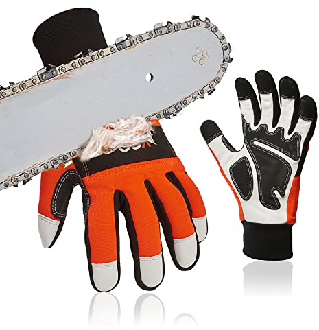 Vgo... Guantes para motosierra, protección de sierra de 12 capas, guantes anticortes de mecánico, protectores acolchados con dedos táctiles, GA9767 (M, naranja, 1 par)