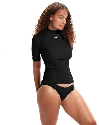 Speedo Women's Short Sleeve Sun Protection Rash Top | UV Protection | Female Surf, Black, L