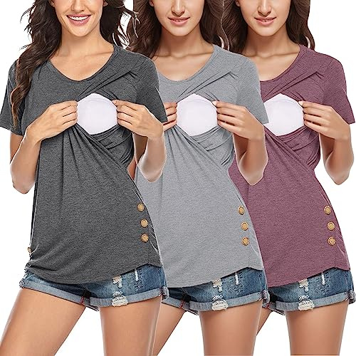 Mammakjortor för Thanksgiving kvinnor moderskap kortärmad sidoknapp rund hals enfärgad amningstoppar t-shirt för amning 3-pack moderskap bomull toppar, Mörkgrått, M