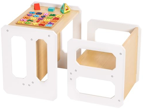 Yorbay Tisch und Stuhl Set für Kinder Kinderschreibtisch mit 1 Hockern, Kindersitzgruppe 3 in 1-Wendehocker & zum Kinderarbeitsplatz umwandelbarer Kinderbank, Kindermöbel(Natur, M)