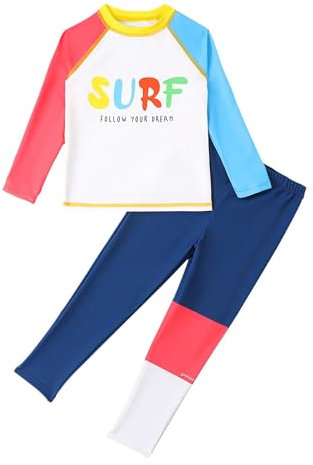 FEESHOW Kinder Jungen Rashguard Langarm UV-Schutz Badeanzug Zweiteiler Langarm Top Lange Hose Set Sonnenschutz Schwimmbekleidung Marineblau 122-128
