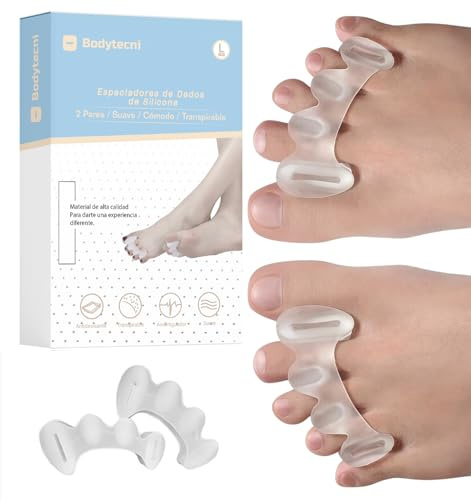 Bodytecni Separadores de Dedos de los Pies (4 Uds) - Separador para Dedos del Pie de Silicona 0% BPA - Espaciadores para Dedos del Pie Superpuestos - Corrector de Dedos para Pies (Talla L)